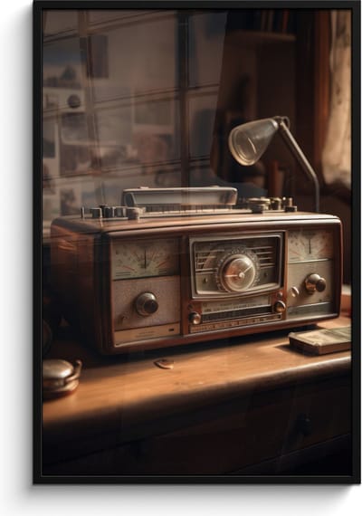 Poster in lijst - Fotolijst 80x120 cm - Posters - Vintage - Radio - Oud - Bureau - Lamp - Posterlijst zwart - Decoratie - Wanddecoratie woonkamer - Muurdecoratie slaapkamer