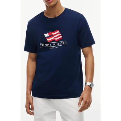 Tommy Hilfiger Rwb Main Flag Regular Carbon Navy Größe: S | Bedruckte T-Shirts Outlet | Herren | Blau