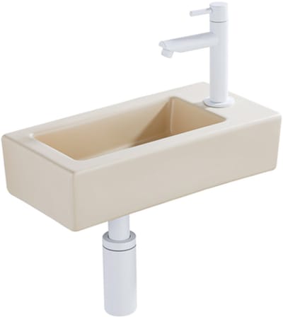 QeramiQ Fuente Fonteinset - 37.5x18.5x9cm - keramiek - kraangat rechts - fonteinkraan mat wit - afvoerplug - verlaagd sifon - Mat Beige