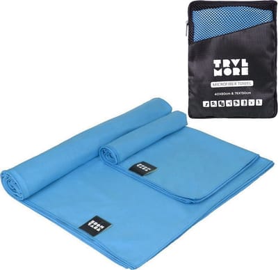 TRVLMORE Microvezel Handdoek - Set van 2 - S (40x80CM) & L (76x150CM) - Sneldrogende Reishanddoek - Strandlaken - Badlaken - Blauw