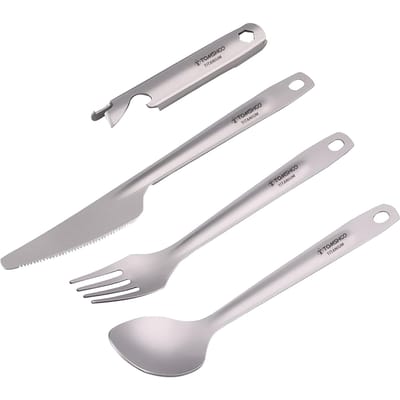 4-in-1 Titanium Bestekset Lichtgewicht Dinerlepel Vork Mes Met Multifunctionele Opberghouder Flesopener