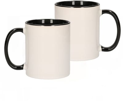 Koffiemok / thee beker - 6x stuks - 300 ml - Wit/zwart - Cadeau mokken - keramiek