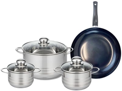 Set van 1 Koekenpan 28 cm en 3 kookpotten 14, 16 en 24 cm Elo Prima Glanzend