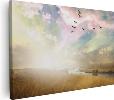 Artaza Canvas Schilderij Vogels - 30x20 cm - Klein - Wanddecoratie Zonsondergang - Muurdecoratie Landschap - Kamer Accessoires Natuur