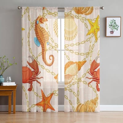 Vissen Koralen Schelpen Zeewier Zeepaardje Onderwater Chiffon Transparante Gordijnen voor Woonkamer Slaapkamer Raam Voiles Tule Gordijn 135W x 114H(cm)