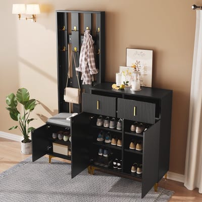DESMIU Garderobeset - Schoenenkast Met Zitkussen En Wandpaneel Met Haken - Voor Hal En Entree - Spaanplaat - Zwart - 60,5x35,2x180,5 Cm