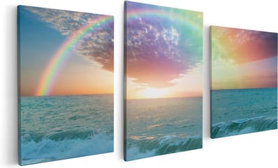 Artaza Canvas Schilderij Drieluik Regenboog in het Water bij het Strand - 120x60 - Foto Op Canvas - Canvas Print