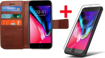 Hoesje geschikt voor Apple iPhone 8 Book Case Portemonnee + Screenprotector - Cover voor 3 Pasjes Bruin