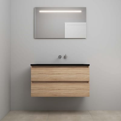 On-Line Badkamermeubelset - 100 cm - Voorgemonteerd - Ladestructuur - Acryl Wastafel - zonder Kraangat - Spiegel met LED-Verlichting - Eiken