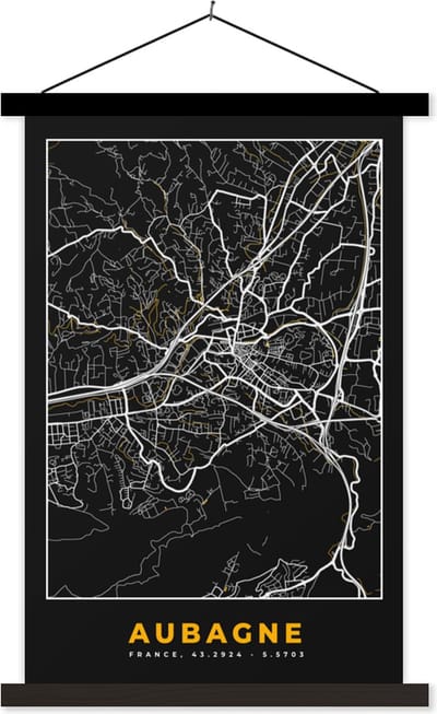Posterhanger incl. Poster 40x60 cm - Schoolplaat - Frankrijk - Aubagne - Stadskaart - Kaart - Plattegrond - Textielposter - Zwarte latten - Stadskaart