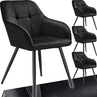 tectake® Eetkamerstoelen Marilyn - Set van 4 - Gestoffeerde Stoel in Fluweellook - Stikpatroon - Zwarte Stoelpoten - Ergonomische Keukenstoel - Doorlopende Rugleuning en Armleuningen - Stoel voor Woonkamer, Eetkamer, Slaapkamer - Zwart