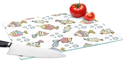 Glazen Snijplank - 39x28 - Aquarium - Patronen - Vissen - Kinderen - Pastel - Snijplanken Glas