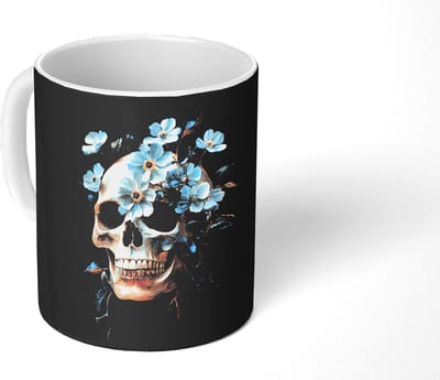 Mok - Koffiemok - Schedel - Blauw - Bloemen - Bladeren - Mokken - 350 ML - Beker - Koffiemokken - Theemok