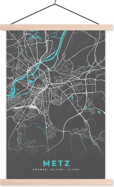 Posterhanger incl. Poster 40x60 cm - Schoolplaat - Metz - Frankrijk - Plattegrond - Kaart - Stadskaart - Textielposter - Blanke latten - Stadskaart