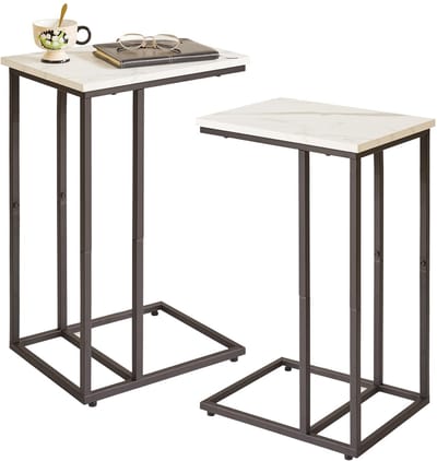 Unyqoos ® Stijlvolle en Functionele C-vormige Bijzettafel Set met Marmerlook en Houten Planken