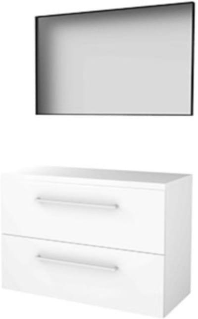 Basic-Line Framed 46 Badkamermeubelset - 100 x 46 cm - Met Grepen - 2 Lades - Wastafelblad - Spiegel met Zwart Aluminium Frame - Ice White