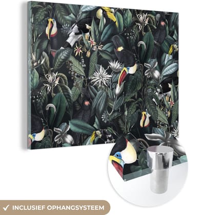 MuchoWow® Glasschilderij 160x120 cm - Schilderij acrylglas - Bloemen - Toekan - Bladeren - Foto op glas - Schilderijen
