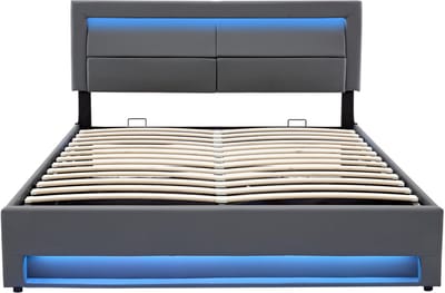 Gestoffeerd bed 140 x 190 cm met USB-poort met LED-verlichting en opbergruimte - zonder matras - grijs