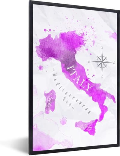Poster in lijst - Fotolijst 60x90 cm - Posters - Wereldkaart - Roze - Italië - Posterlijst zwart - Decoratie - Wanddecoratie woonkamer - Muurdecoratie slaapkamer