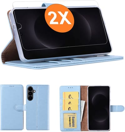 Hoesje geschikt voor Samsung Galaxy A57 5G hoesje Blauw pasjeshouder telefoon hoes - Met screenprotector tempered glass voor Galaxy A57 5G - 2x