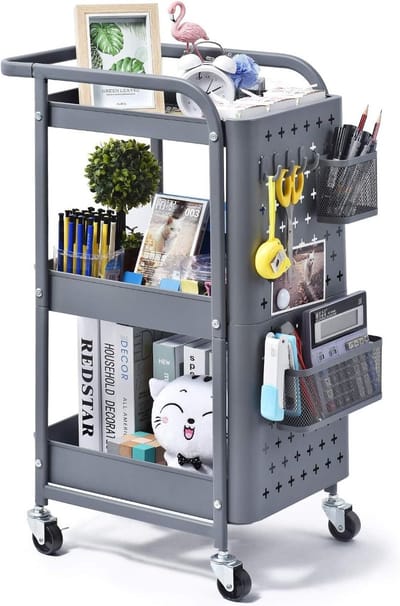 Multifunctionele 3-laags Keuken Trolley van Metaal met Rollen, Ideaal voor Cosmetica en Opbergruimte, Inclusief Haakjes en Baskets