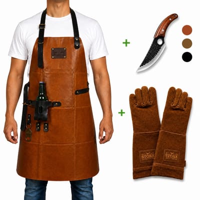 STORX Leren BBQ Set – Leren Schort + Koksmes + Barbecue Handschoenen – Lichtbruin Echt Leer – 2 Jaar Garantie – Luxe Grillset met Slagers Mes (27,6 cm) & Schort (81x56 cm) – Stoer Cadeau voor Mannen