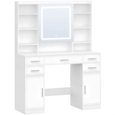 Kaptafel – Voor Slaapkamer & Dressing – Met Spiegel, 7 Lades, 9 Open Vakken en Verborgen Opbergruimte – Wit