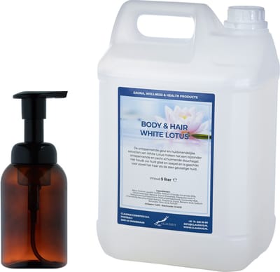 Zeepdispenser 300 ml amber bruin hervulbaar + 5 liter Body & Hair White Lotus navulling