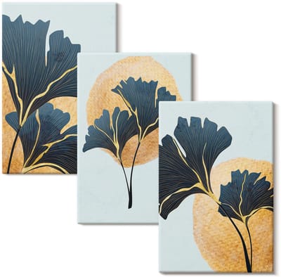 Wallfluent Set van canvas schilderijen - Esthetische ginkgobladeren op een lichte achtergrond Canvas Schilderijen Set - set 3 stuks 20x30 cm - Turkoois Set van Canvas Prints - Natuur Canvas Kunst Set - Boheemse Canvas Kunst Set