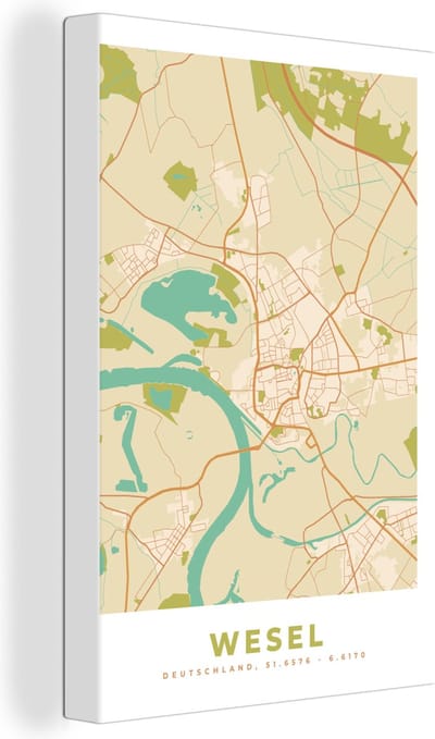 Canvas Schilderij Wesel - Plattegrond - Kaart - Stadskaart - Vintage - 20x30 cm - Wanddecoratie