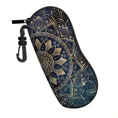 Blauw brillenkoker unisex met mandala patroon en rits sluiting – zachte brillen koker opberg hoes voor optische bril of zonnebril – brillen hoes met karabijnhaak en decoratieve goudkleurige mandala print