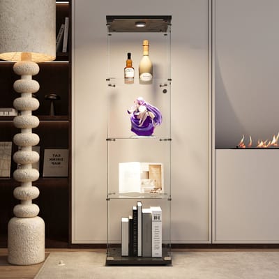 Moderne wijnkast zwart met LED-verlichting, vitrinekast 4 niveaus met glazen deur en gehard glas, enkeldeur