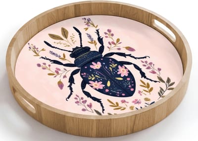 Dienblad rond 40x40 cm - Schootdienblad hout - Donkerblauw - Kever - Bloemtakken - Sierlijk - Borrelplank rechthoek - Plateau houten dienbladen