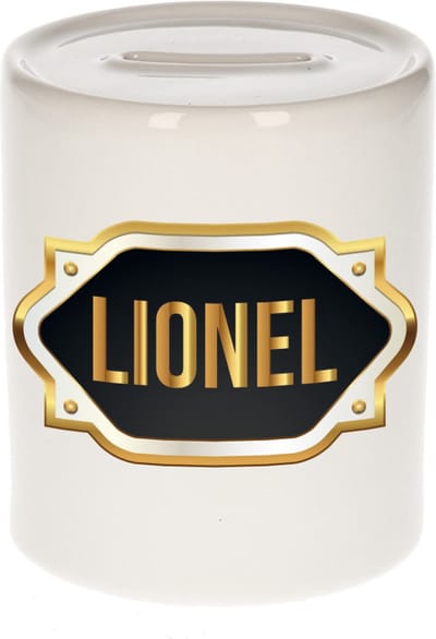 Spaarpot met voornaam Lionel - wit - met goud/zwart embleem - 8 x 9 cm - keramiek - met afsluitdop - cadeau verjaardag