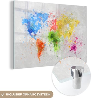 MuchoWow® Glasschilderij 60x40 cm - Schilderij acrylglas - Wereldkaart - Abstract - Verf - Kinderen - Jongens - Meisjes - Foto op glas - Schilderijen