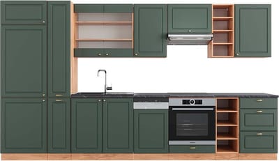 Vicco Fame-Line Complete keukeneenheid – 355 cm, WB Antraciet Groen-Goud Land/Goud Power Eik