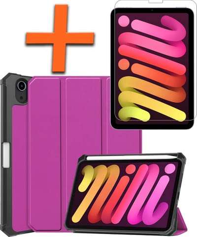 Hoesje - Geschikt voor Apple iPad Mini 6 (2021) - 8.3 inch - 6e Generatie - Met Screenprotector - Trifold Bookcase - Hard Cover Case - Met Uitsparing Geschikt voor Apple Pencil - Hardcover Book - Tablet Hoes - Paars