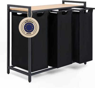 REN® Wasmand 3 Vakken - Wasmand - Wassorteerder - Wasmand Met Deksel - Zwart - 36cm x 84cm x 73cm