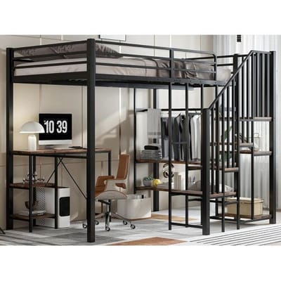 ModernLuxe Hoogslaapbed 120x200 cm - met bureau en plank - met open kast - veiligheidstrap met 4 treden - Zwart + Natuurlijk (zonder matras)