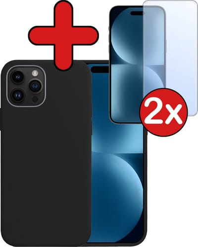 Hoesje - Met 2x Screenprotector - Geschikt voor Apple iPhone 15 Pro - Sterk & Shockproof - Telefoon Hoes - Back Cover - Siliconen Case - Telefoonhoes - Zwart