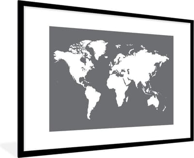 Poster in lijst - Fotolijst 90x60 cm - Posters - Wereldkaart - Wit - Grijs - Posterlijst zwart - Decoratie - Wanddecoratie woonkamer - Muurdecoratie slaapkamer