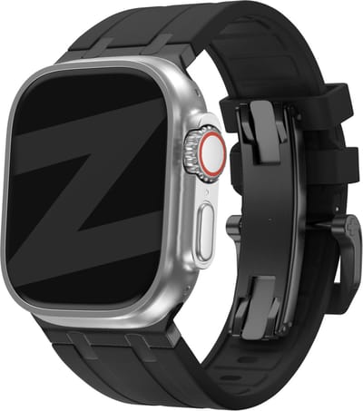 Bandz Siliconen band 'Luxe Liquid' - Hoogwaardig siliconen bandje geschikt voor Apple WatchSeries 1/2/3/4/5/6/7/8/9/10/11/SE/SE2/SE3/Ultra (2/3) - grote maten - 42mm / 44mm / 45mm / 49mm - zwart met zwarte connectors