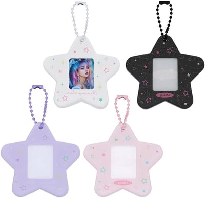 4 Stuks Stervormige Fotokaart Houder Sleutelhanger - Acryl ID Kaart Houder met Ball Chain voor Bescherming van Kaarten - Roze/Paarse/Zwarte/Witte Kleuren