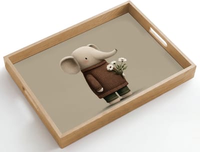 Dienblad hout 50x35 cm - Schootdienblad - Olifant - Witte bloemen - Kindvriendelijk - Borrelplank rechthoek - Plateau dienbladen