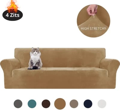 Livano Bankhoes - Bankbeschermer - Stretch - Sofa Cover - Fluweel - Kameel - 4 Zits