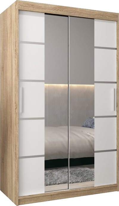 InspireMe - Kledingkast met 2 schuifdeuren, Modern-stijl, Kledingkast met planken (BxHxD): 120x200x62 - VENTILA IV 120 Sonoma Eik + Wit Mat