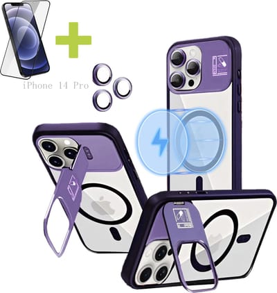 Hoesje voor iPhone 14 Pro met Standaard, Compatibel met MagSafe, Acryl + TPU Case, Hoes ingebouwde Stash Stand-telefoonhoes, Ultradun-Paars - Screenprotector