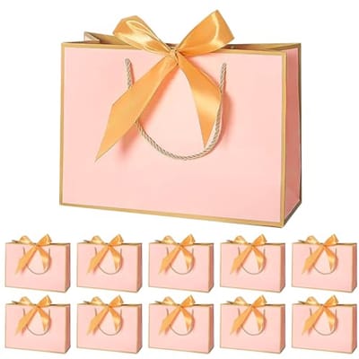 Kerstcadeauzakjes met handvat, papier, 10 stuks, roze, voor verjaardagen en feesten 32 x 25 x 11 cm