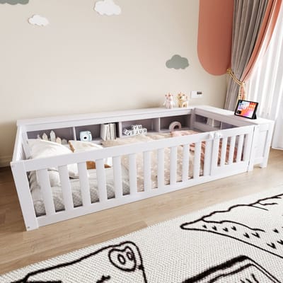 Komhtom Multifunctioneel kinderbed 90 x 200 cm, met veel opbergvakken en opbergruimte, met veiligheidshek en deurtje, rondom veiligheidsbescherming, massief houten bed met lattenbodem, eenpersoonsbed, wit