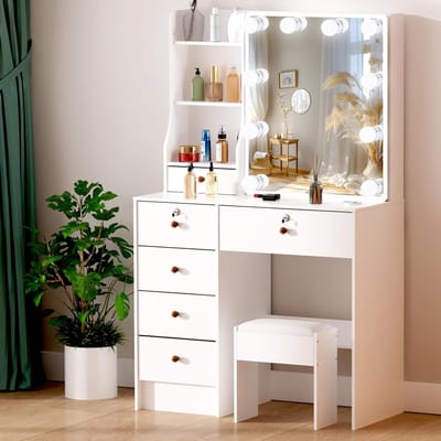 Kaptafel met Spiegel en Verlichting: Vanity Desk met 3 Lichtkleuren en Instelbare Helderheid - 131x80x36 cm